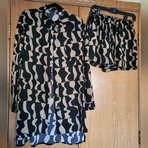Shein 2 Piece Beige and Black Shorts and Button Down Set Size L